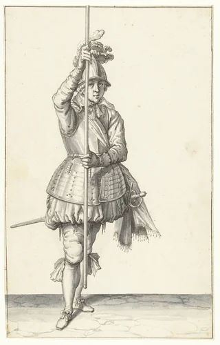 Soldaat, van voren gezien, die zijn spies met beide handen rechtop voor zich iets boven de grond vasthoudt by Jacques de Gheyn, drawing, 1596-1606