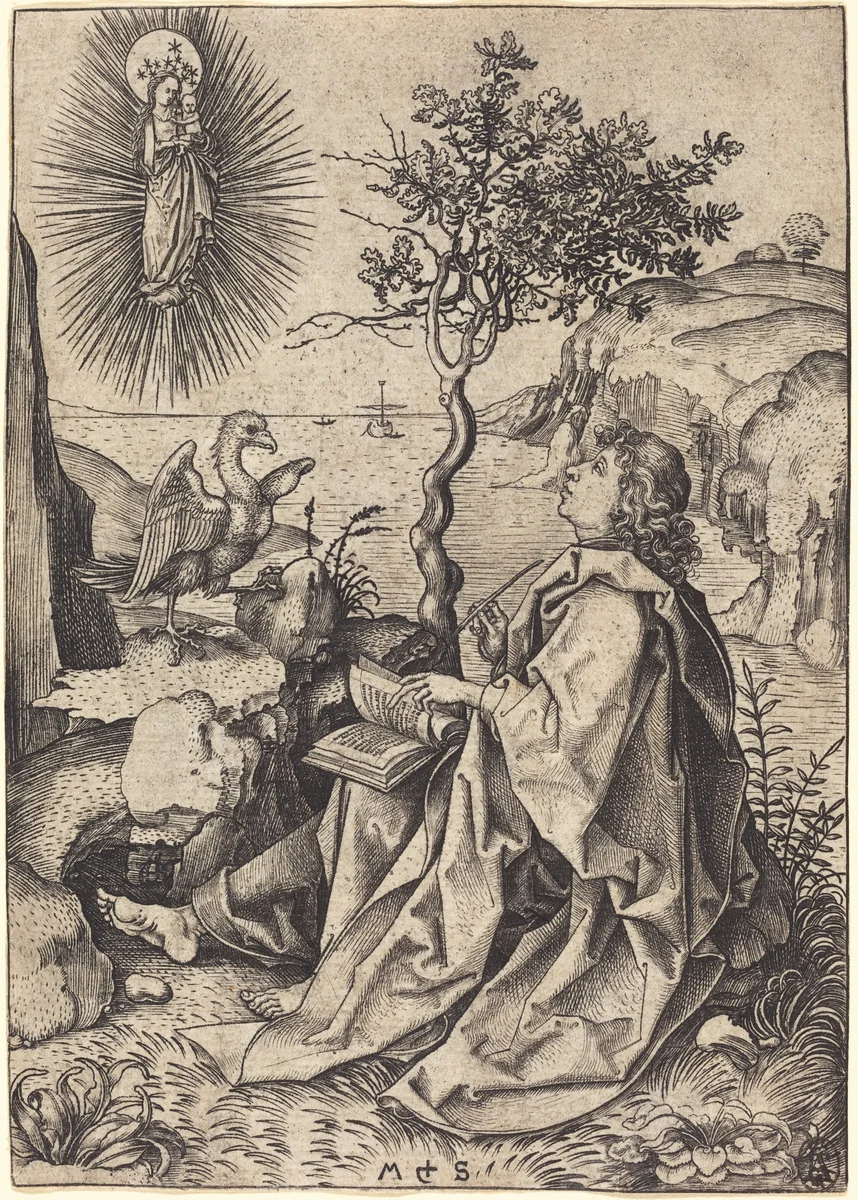 Saint John on Patmos by Martin Schongauer, print, 1475-1480