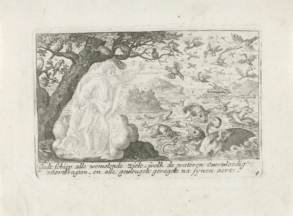 God schept de vissen en de vogels by Crispijn van de Passe, print, 1700-1750
