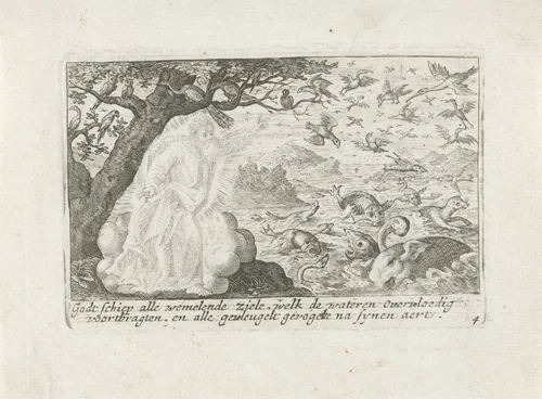 God schept de vissen en de vogels by Crispijn van de Passe, print, 1700-1750