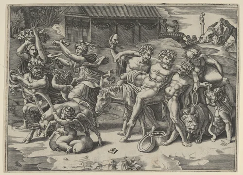 The procession of Silenus who is carried on an ass preceeded by a bacchant playing the cymbals and other figures by Agostino Veneziano, print, 1514-1536