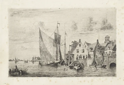 Zeilschepen en sloepen aan de kade bij een dorp by Henri Adolphe Schaep, print, 1856