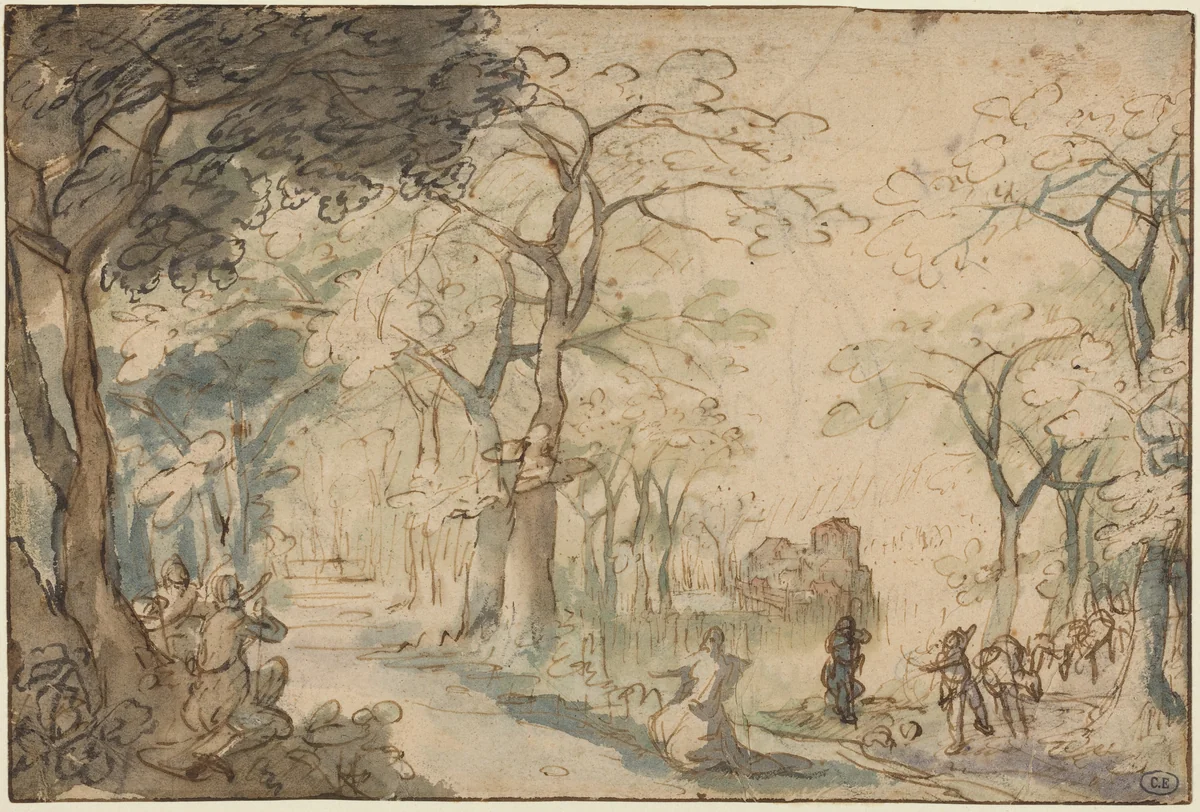 Landscape with Elisha Mocked by David Vinckboons, drawing, 1610