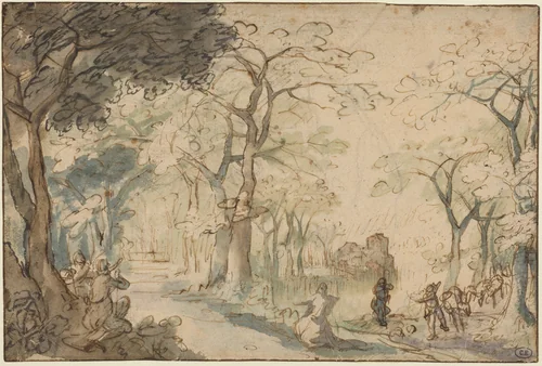 Landscape with Elisha Mocked by David Vinckboons, drawing, 1610