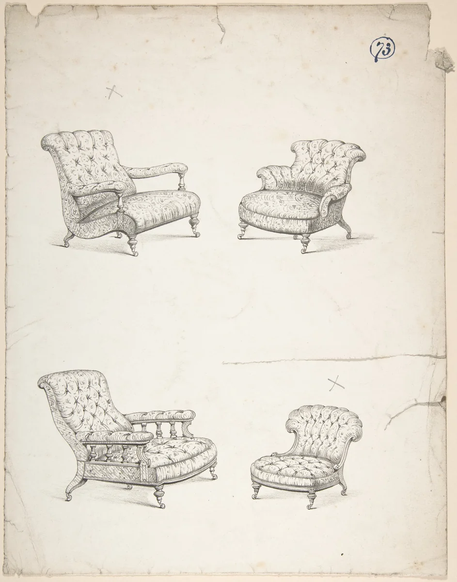Designs for Four Upholstered Chairs by Charles Hindley and Sons, drawing, 1841-1884