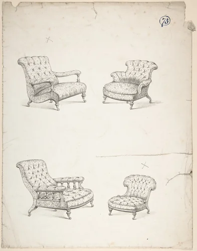 Designs for Four Upholstered Chairs by Charles Hindley and Sons, drawing, 1841-1884