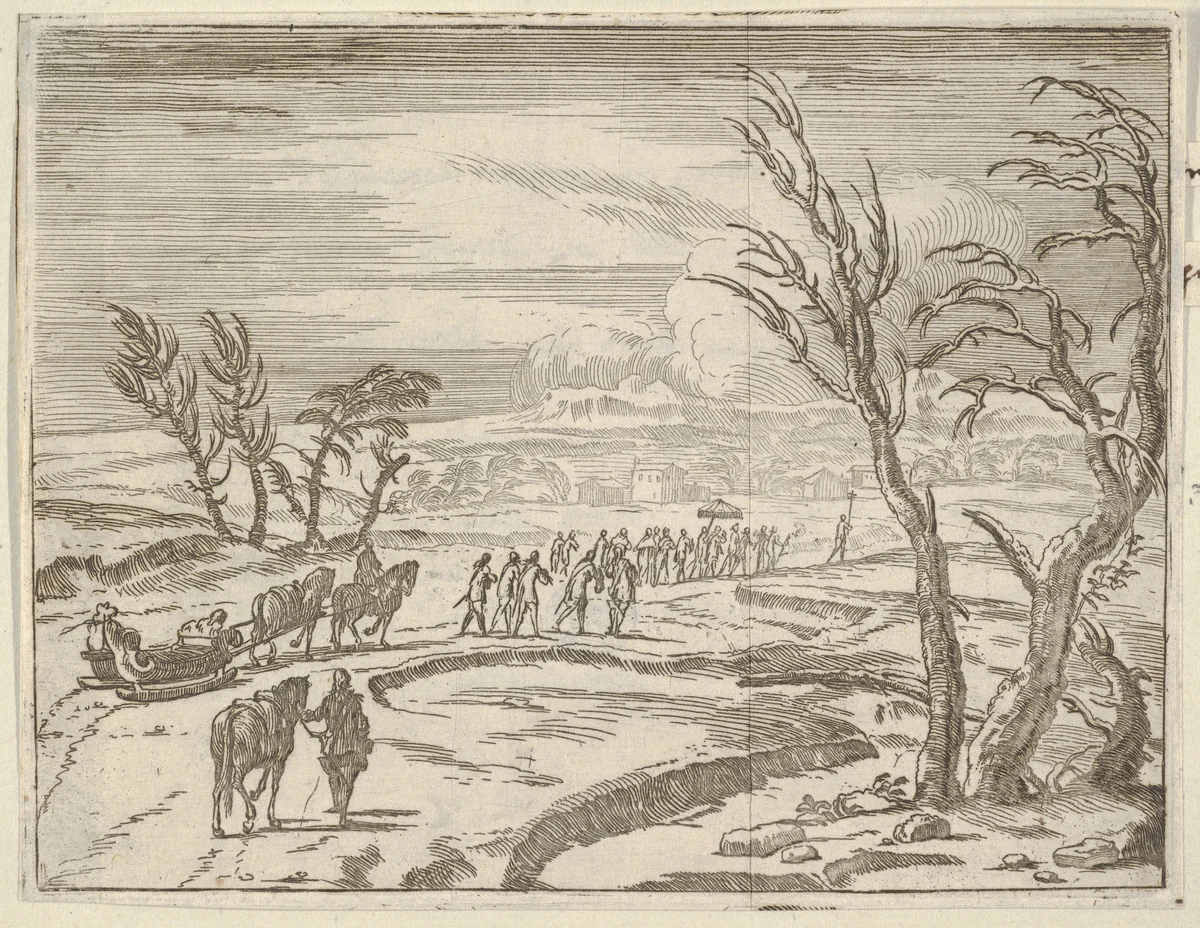 Francesco I d'Este, Despite his Discomfort, Displays his Piety While Traveling in the Snow and Ice to Receive the Holy Sacrament, from "L'Idea di un Principe ed Eroe Cristiano in Francesco I d'Este, di Modena e Reggio Duca VIII [...]" by Bartolomeo Fenice, print, 1659