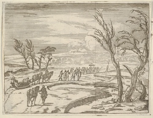 Francesco I d'Este, Despite his Discomfort, Displays his Piety While Traveling in the Snow and Ice to Receive the Holy Sacrament, from "L'Idea di un Principe ed Eroe Cristiano in Francesco I d'Este, di Modena e Reggio Duca VIII [...]" by Bartolomeo Fenice, print, 1659