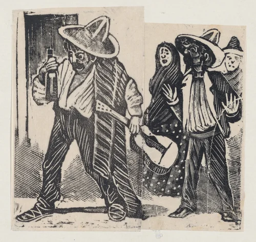 A man holding a bottle and guitar and another man with both hands raised, from a broadside entitled 'Versos de lino matadas', published by Antonio Vanegas Arroyo by José Guadalupe Posada, print, 1875-1885