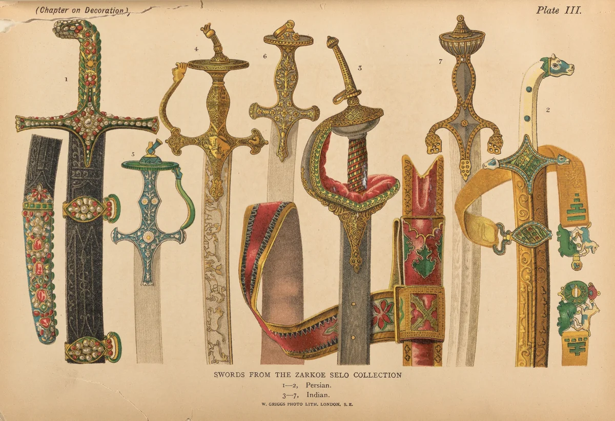 An illustrated handbook of Indian arms : being a classified and descriptive catalogue of the arms exhibited at the India Museum : with an introductory sketch of the military history of India by Lord Wilbraham Egerton, artwork, 1880