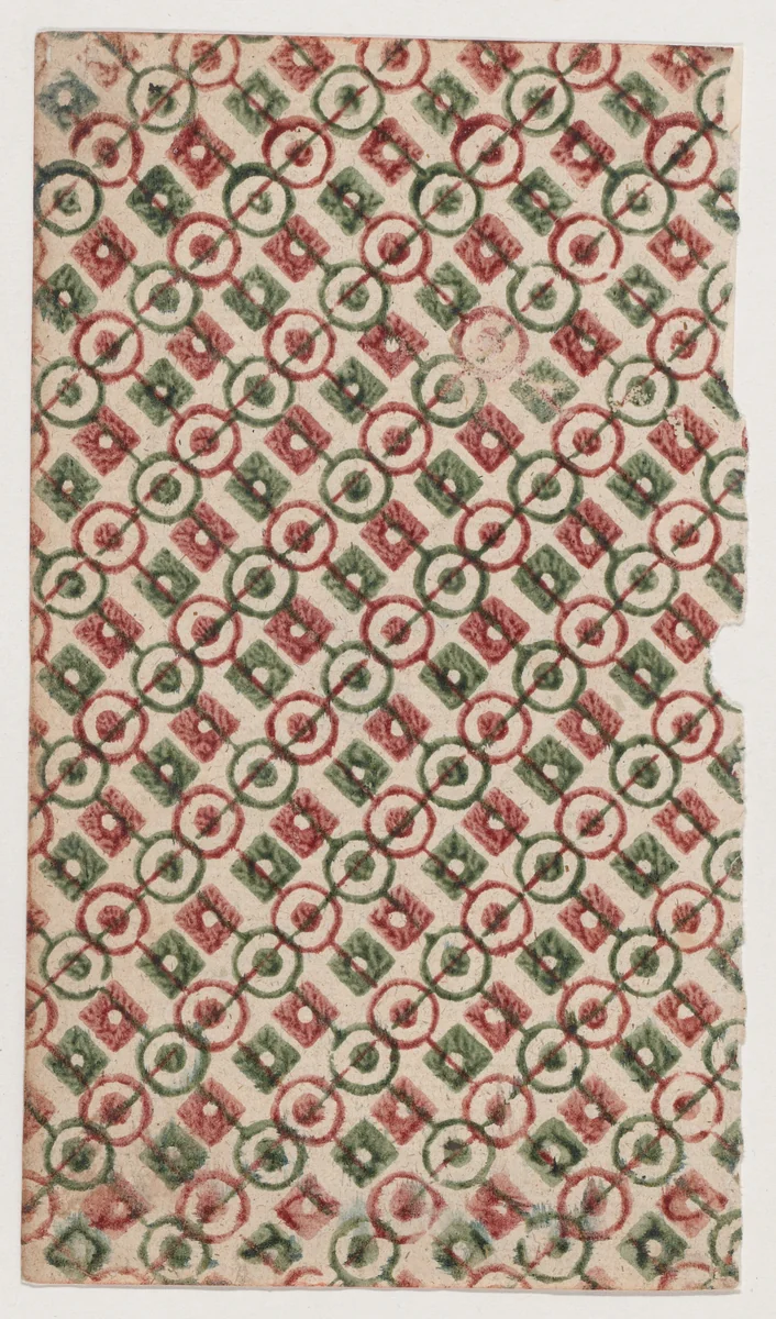 Sheet with overall pattern of circles and squares with lines through them by anonymous, print, 1800-1900