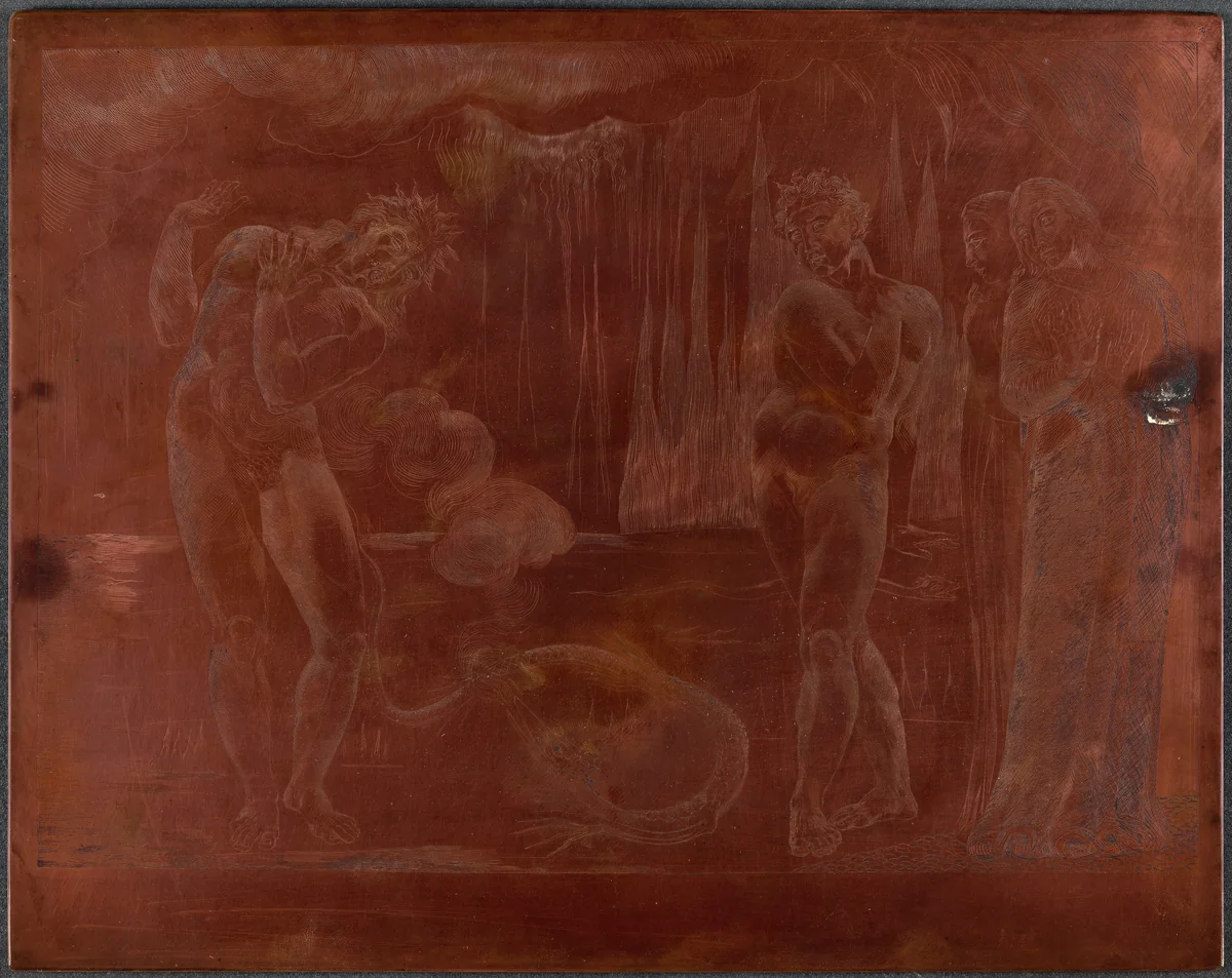 The Circle of the Thieves; Buoso Donati Attacked by the Serpent by William Blake, technical material, 1827