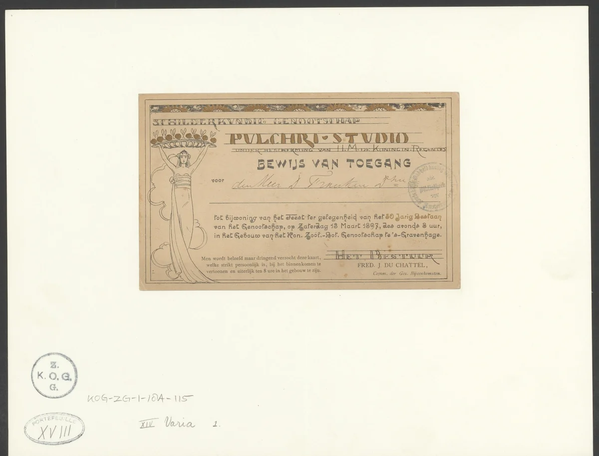 Toegangsbewijs voor een feest voor het 50-jarige bestaan van de Pulchri-Studio by anonymous, other, 1897