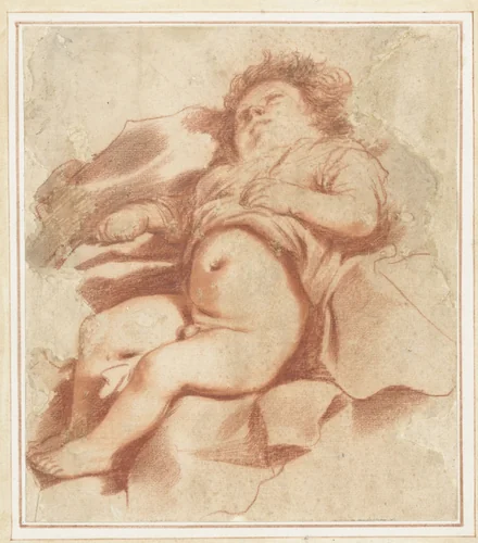Studie van een slapend kind by Guercino, drawing, 1619-1624