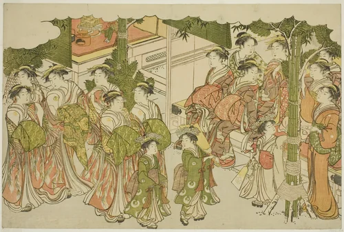 The First Garments of the New Year (Kiso hajime), from the illustrated book "Colors of the Triple Dawn (Saishiki mitsu no asa)" by Torii Kiyonaga (鳥居清長), print, 1782-1792