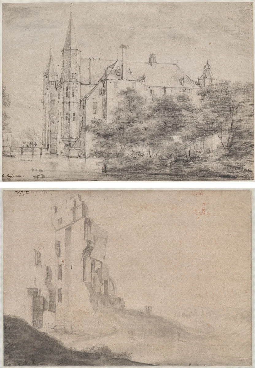 Zuylen Castle, near Utrecht (recto)/Ruin of the huis Ter Kleef, near Haarlem (verso) by Roelant Roghman, drawing, 1641-1652