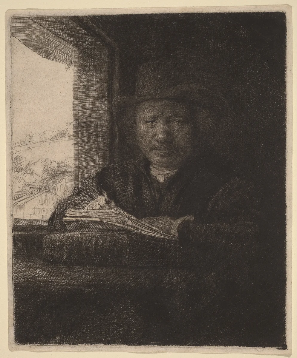 Self-Portrait Drawing at a Window by Rembrandt van Rijn, print, 1648