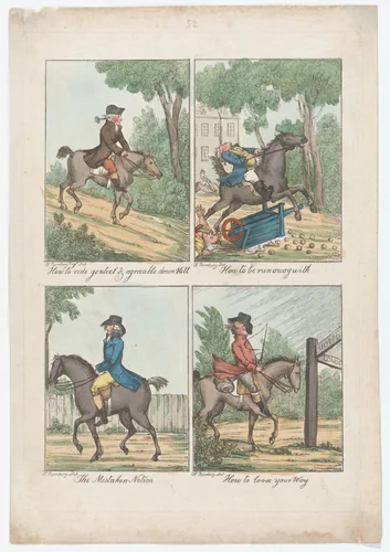Four Scenes: How to Ride Genteel & Agreeable Down Hill; How to be Run Away With; The Mistaken Notion; How to Loose Your Way by Henry William Bunbury, print, 1787