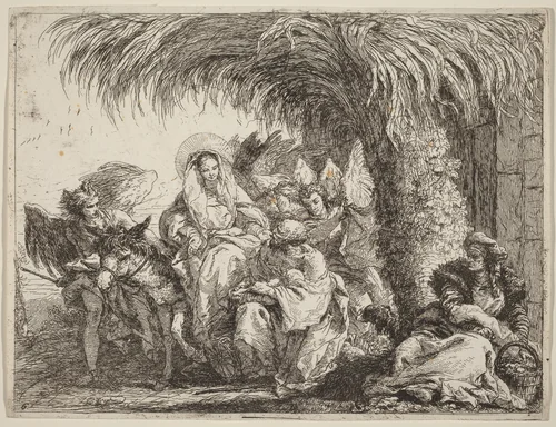 Joseph Kneels with the Child before Mary on the Donkey by Giovanni Domenico Tiepolo, print, 1753