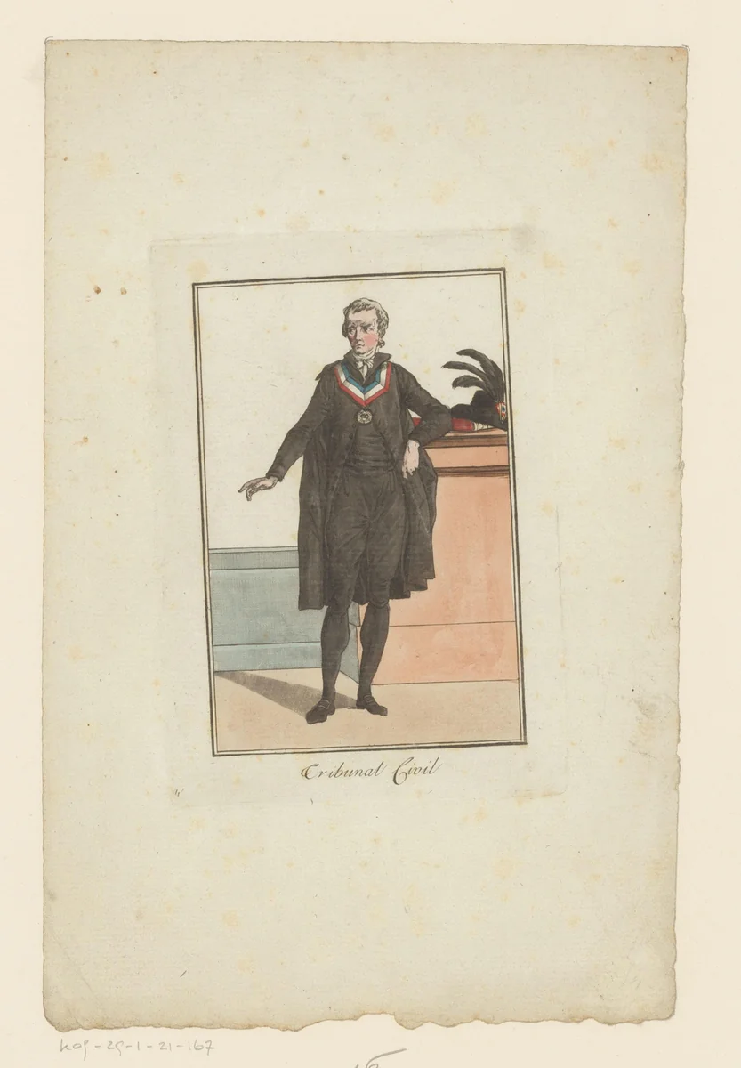 Kostuum van de officier van het civiele tribunaal by Jean Duplessis-Bertaux, print, 1795-1799