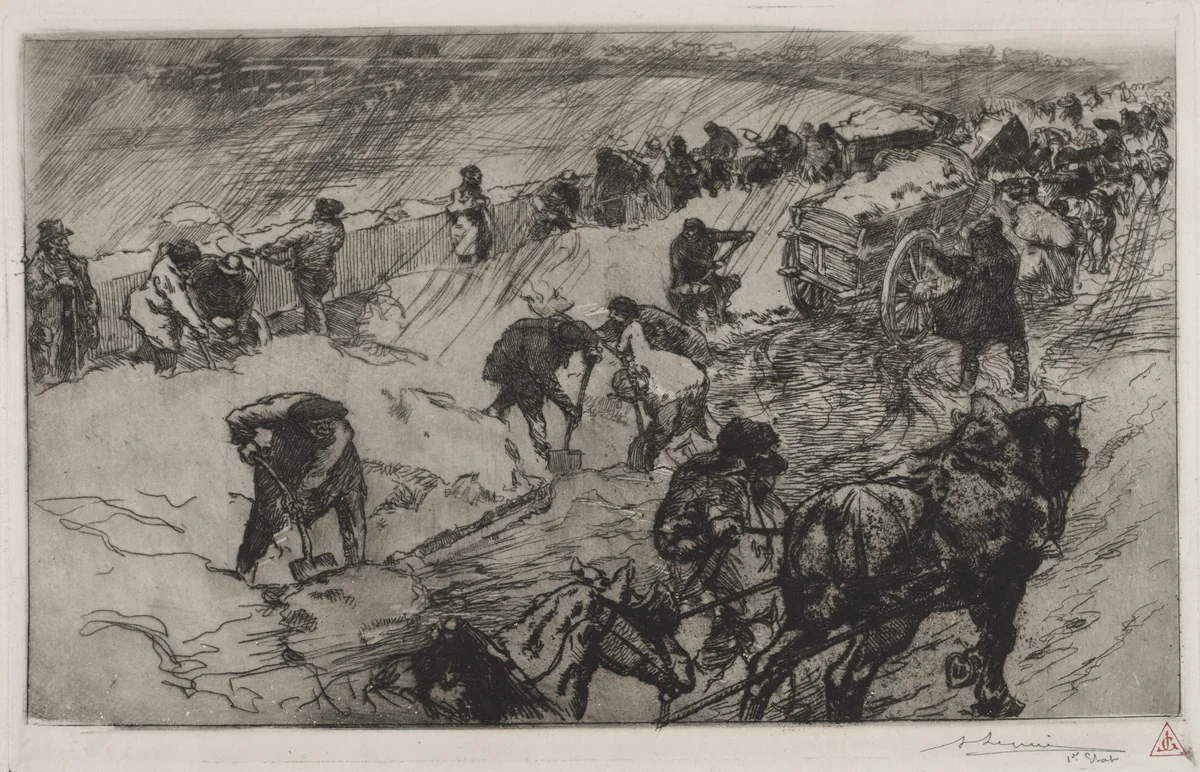 Combat contre la Neige, Quai aux Fleurs by Auguste Louis Lepère, print, 1890