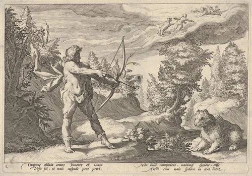 Arcus and Callisto by Robert Willemsz. de Baudous, print, 1565-1750