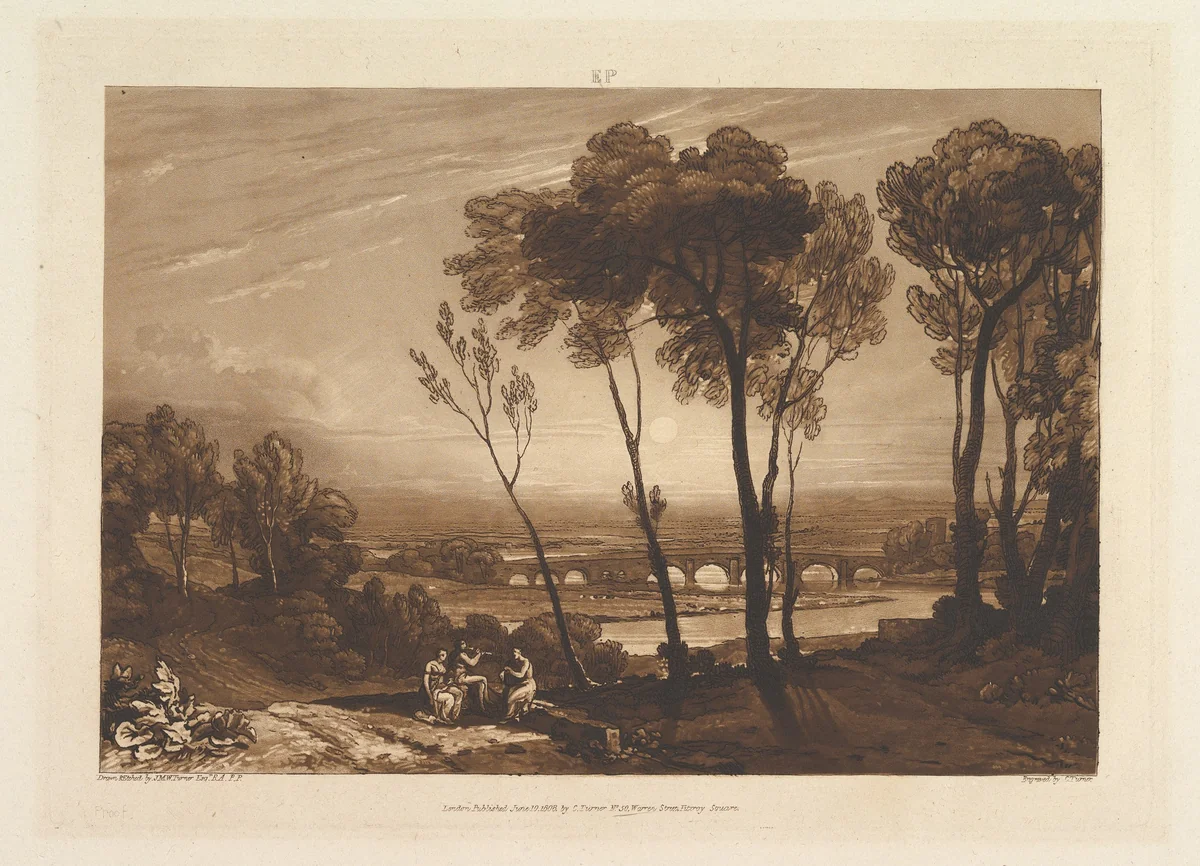 The Bridge in Middle Distance, part III, plate 13 from "Liber Studiorum" by Joseph Turner, print, 1808