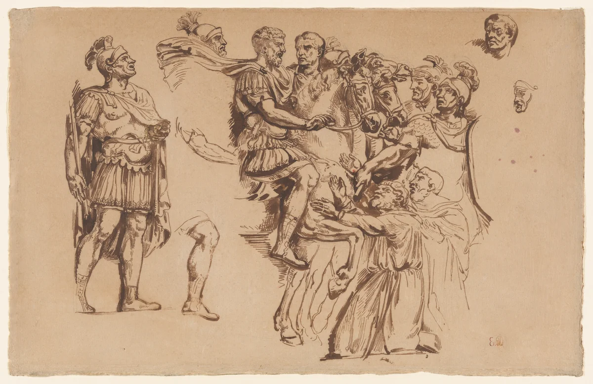 Marcus Aurelius Surrounded by Horsemen, Soldiers, and Prisoners by Eugène Delacroix, drawing, 1817-1827