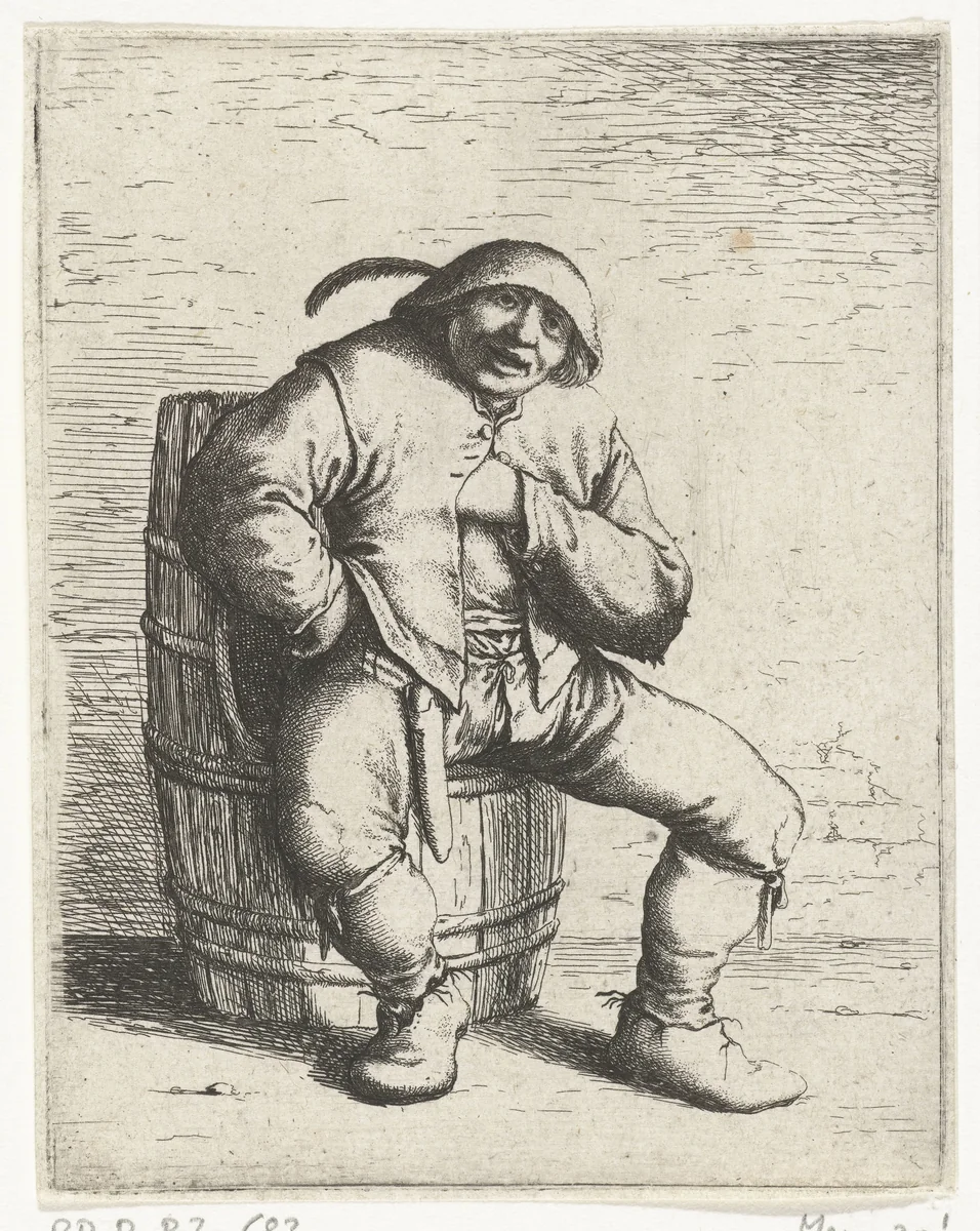 Een man zit op een ton by Willem Basse, print, 1633-1672