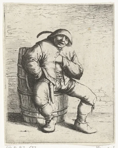 Een man zit op een ton by Willem Basse, print, 1633-1672