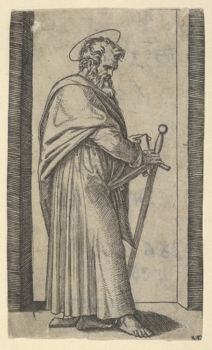 Saint Paul, sword in his right hand, from "Piccoli Santi" (Small Saints) by Marcantonio Raimondi, print, 1495-1532