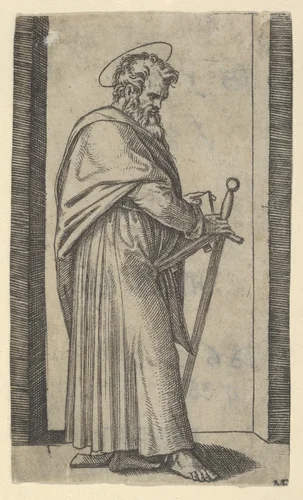 Saint Paul, sword in his right hand, from "Piccoli Santi" (Small Saints) by Marcantonio Raimondi, print, 1495-1532