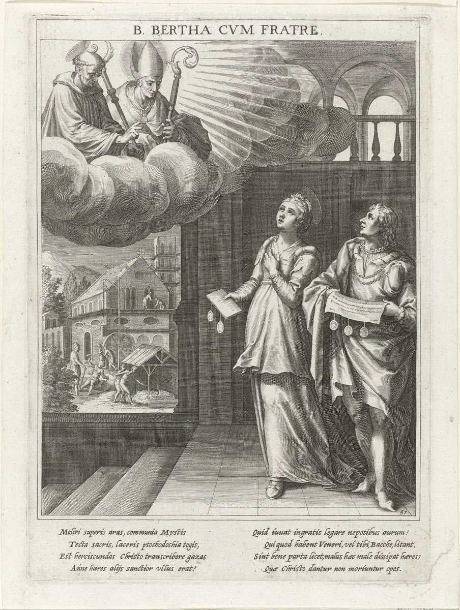Bertha van Biburg en haar broer stichten een klooster op bevel van twee heiligen by Raphaël Sadeler, print, 1615