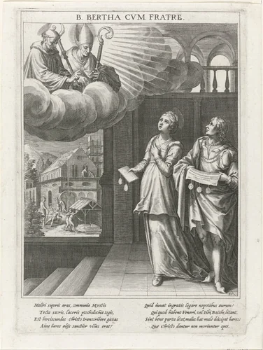 Bertha van Biburg en haar broer stichten een klooster op bevel van twee heiligen by Raphaël Sadeler, print, 1615