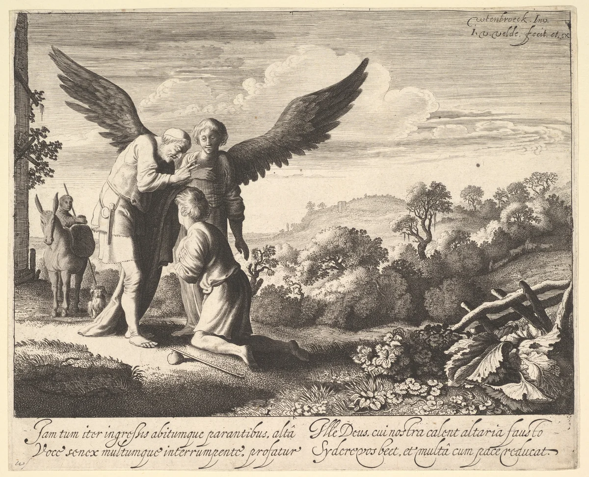 Tobias Blessed by Blind Tobit by Jan van de Velde, print, 1620-1641