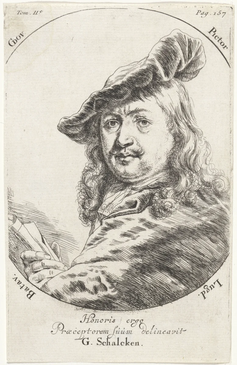 Portret van Gerard Dou by Godfried Schalcken, print, 1660-1680