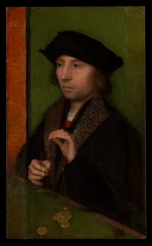 Man Weighing Gold by Adriaen Isenbrant, painting, 1515-1520