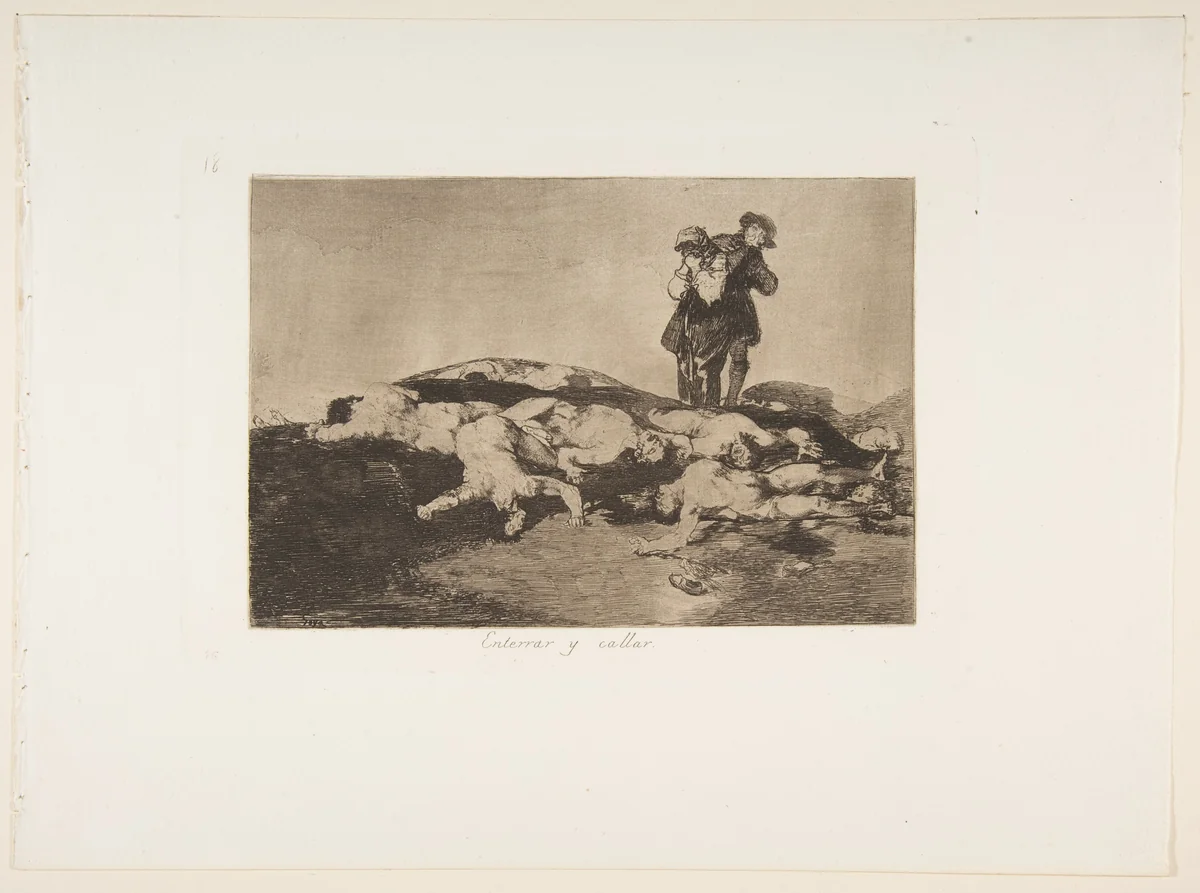Plate 18 from "The Disasters of War" (Los Desastres de la Guerra): 'Bury them and keep quiet' (Enterrar y callar) by Goya, print, 1810