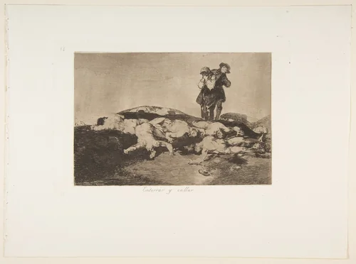 Plate 18 from "The Disasters of War" (Los Desastres de la Guerra): 'Bury them and keep quiet' (Enterrar y callar) by Goya, print, 1810
