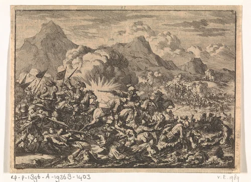 Pappenheim verslaat de opgestane boeren in Oostenrijk nabij Linz aan de Donau, 1626 by Jan Luyken, print, 1698