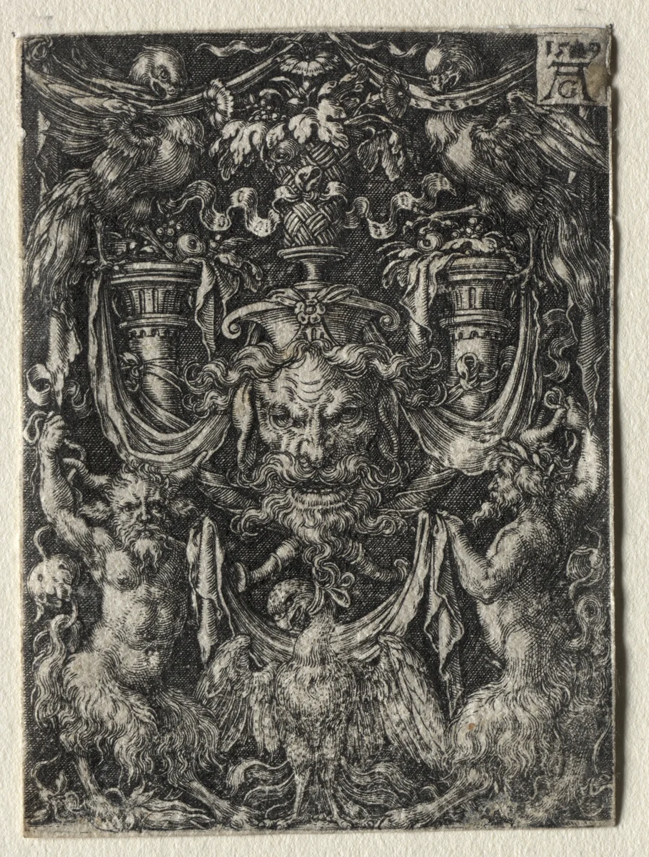 Ornament Design with a Mask and an Eagle between Two Fauns Below by Heinrich Aldegrever, print, 1509
