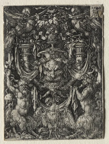 Ornament Design with a Mask and an Eagle between Two Fauns Below by Heinrich Aldegrever, print, 1509