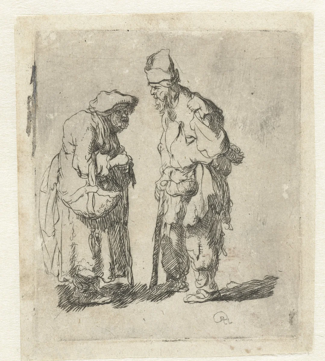 Beggar man and beggar woman conversing by anonymous, print, 1630