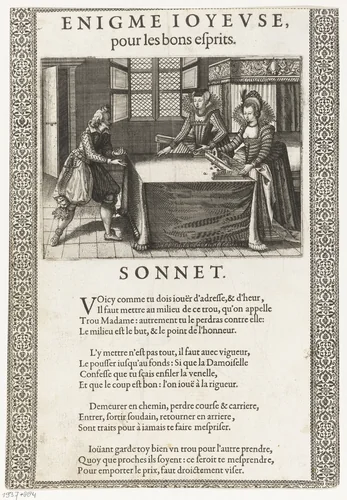 Heer en twee dames bij een knikkerspel by anonymous, print, 1610-1680