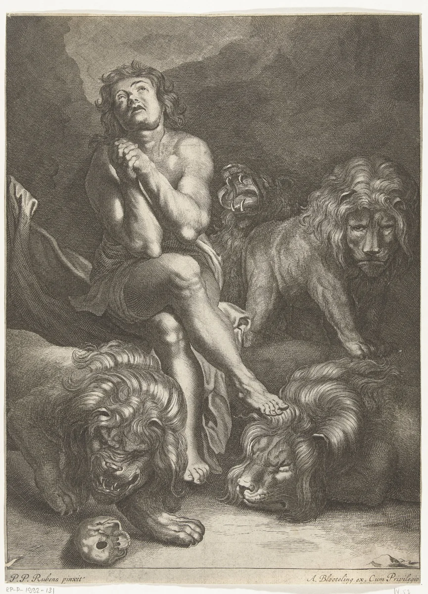 Daniël in de leeuwenkuil by Abraham Bloteling, print, 1655-1690