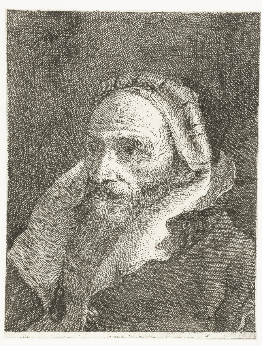 Man met hoog opgeslagen kraag van mantel by Giovanni Domenico Tiepolo, print, 1757-1758