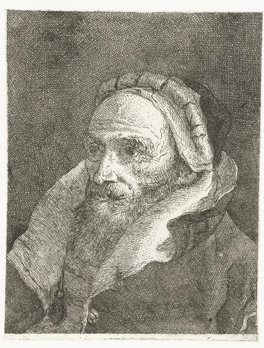 Man met hoog opgeslagen kraag van mantel by Giovanni Domenico Tiepolo, print, 1757-1758