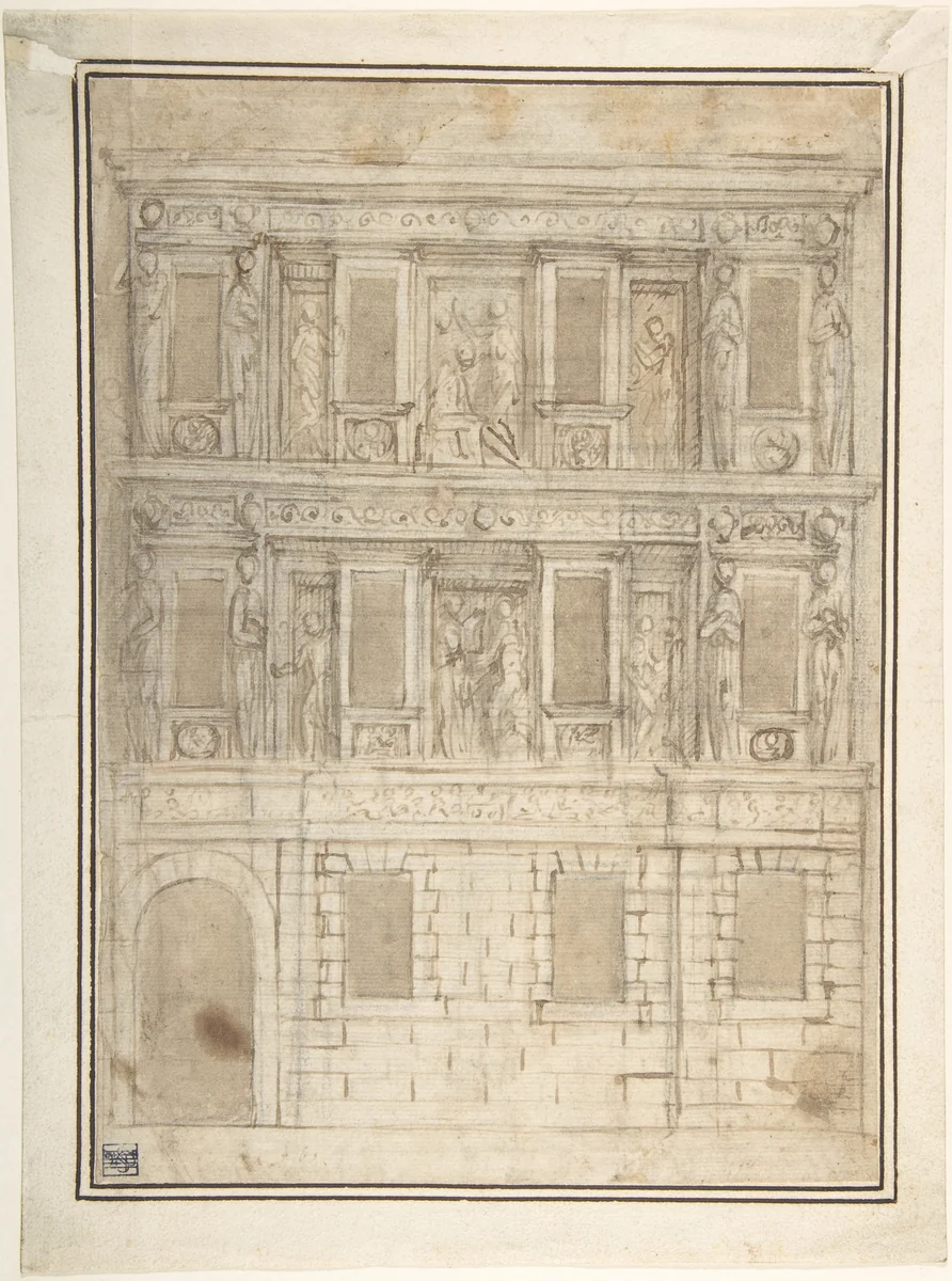 Project for a Façade Decoration (recto); Architectural Studies (verso) by Lattanzio Gambara, drawing, 1500-1599