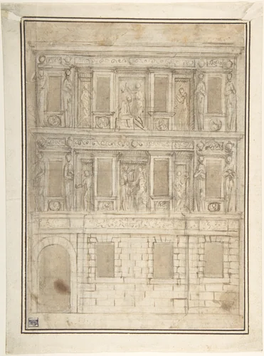 Project for a Façade Decoration (recto); Architectural Studies (verso) by Lattanzio Gambara, drawing, 1500-1599