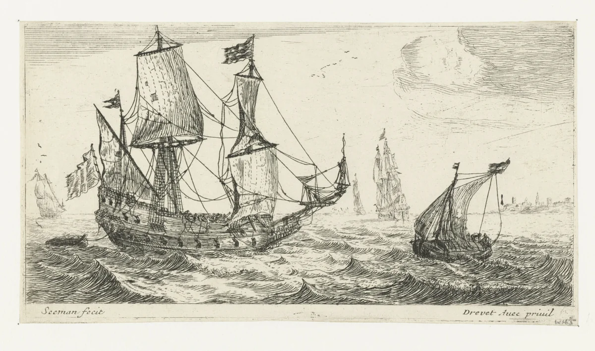 Klein zeilschip en een Pinas by anonymous, print, 1650-1738